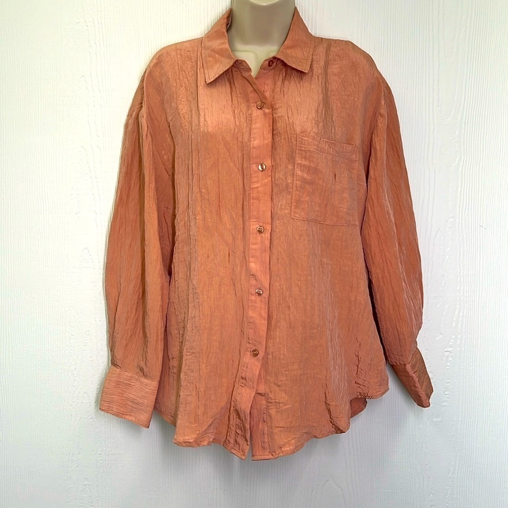 House Of Harlow 1960 - Crinkled Crepe Button Down Light Pink Long Sleeve Top SM
